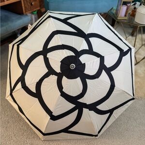CHANEL Beige Camelia Umbrella  with Quilted Pouch and Silver Chain